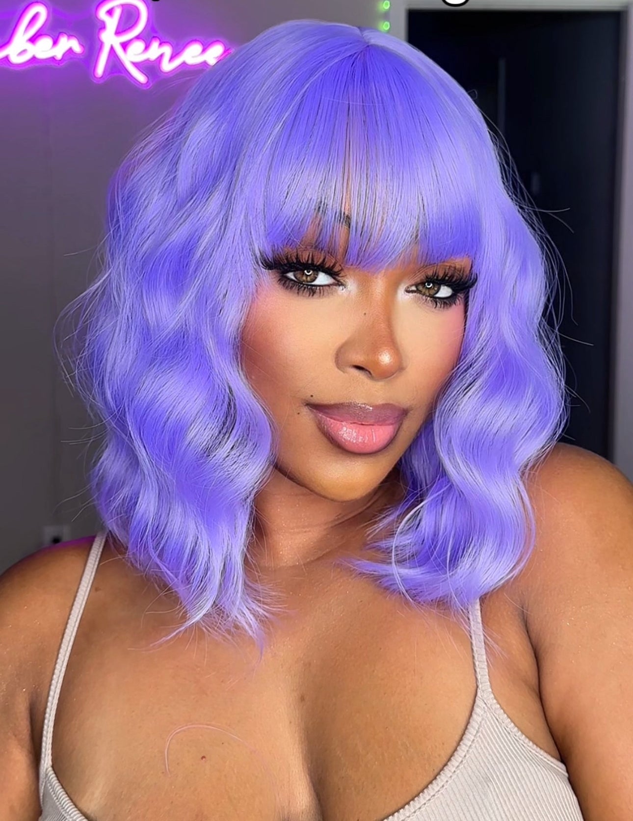 Purple Curly Wave Bob Wig w/ Bangs