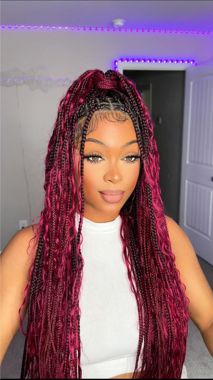 Full Lace Tangleless Human Hair Boho Curls Knotless Boho Box Braided Wig 36" (Burgundy)