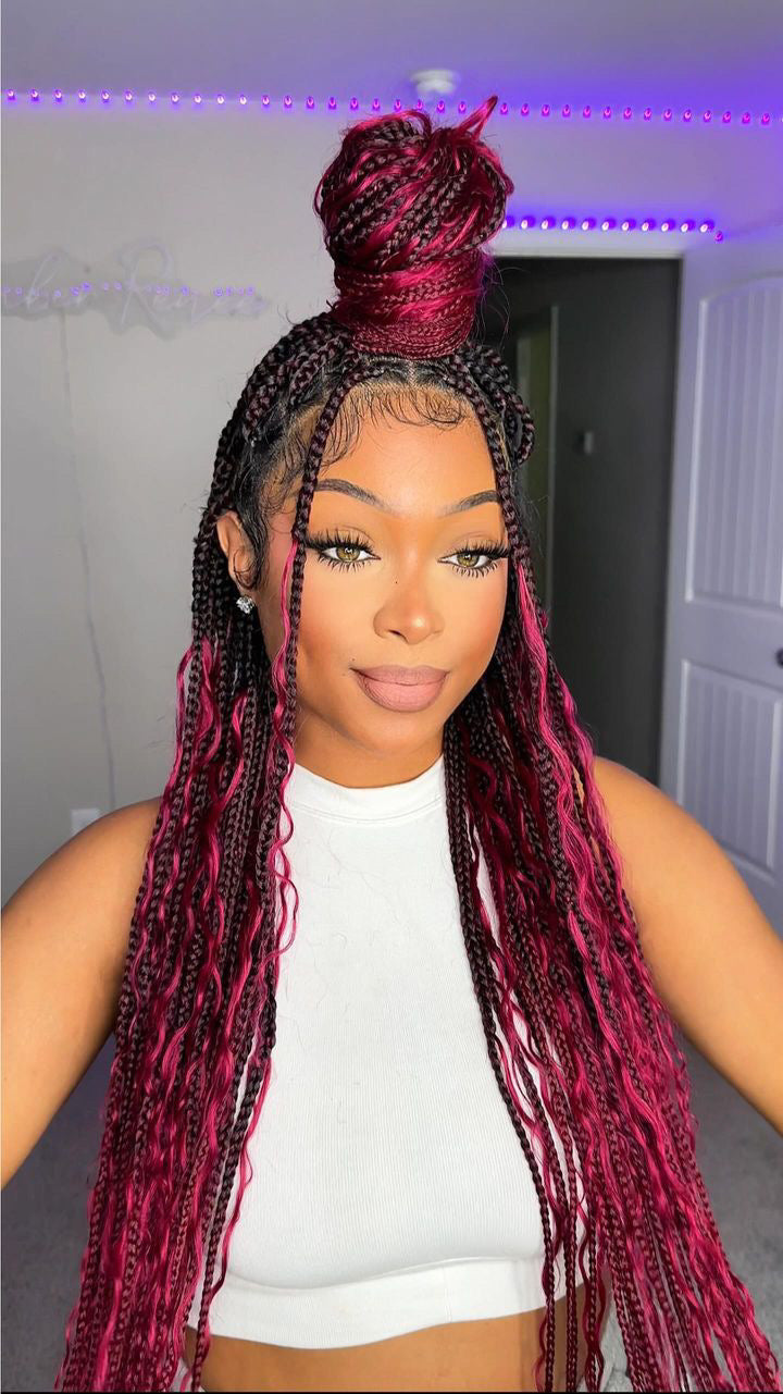 Full Lace Tangleless Human Hair Boho Curls Knotless Boho Box Braided Wig 36" (Burgundy)