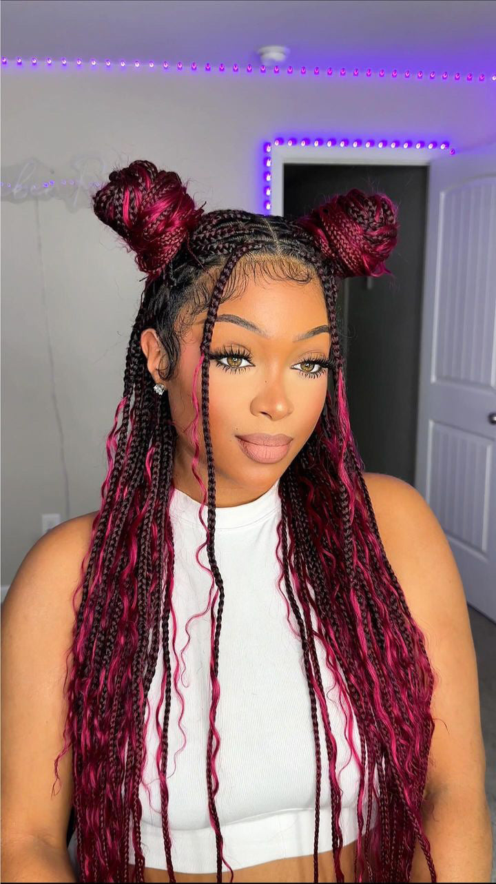 Full Lace Tangleless Human Hair Boho Curls Knotless Boho Box Braided Wig 36" (Burgundy)
