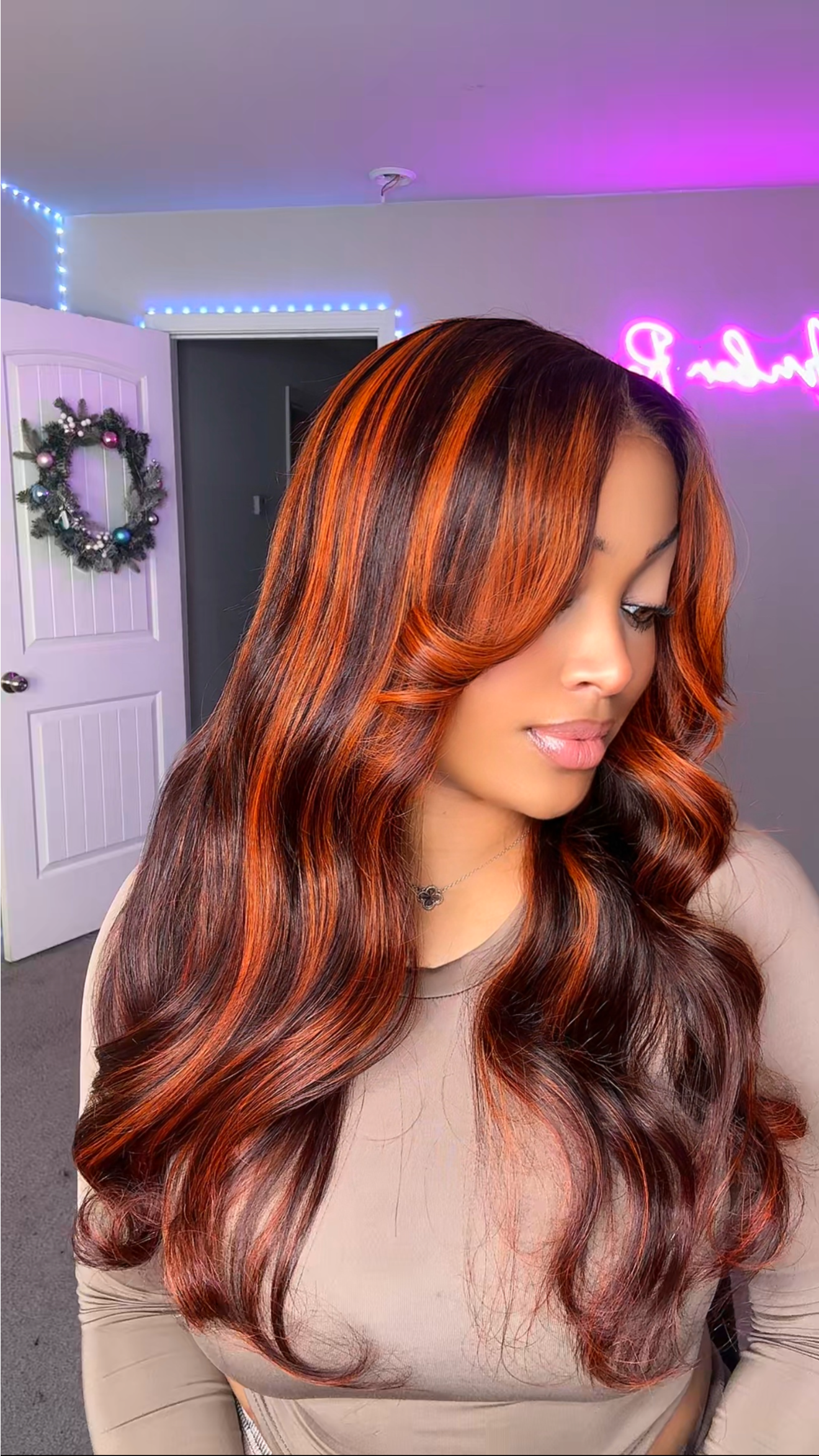 Salon Layer Cut Ginger Highlights On Brown Hair 360 Human Hair Wig