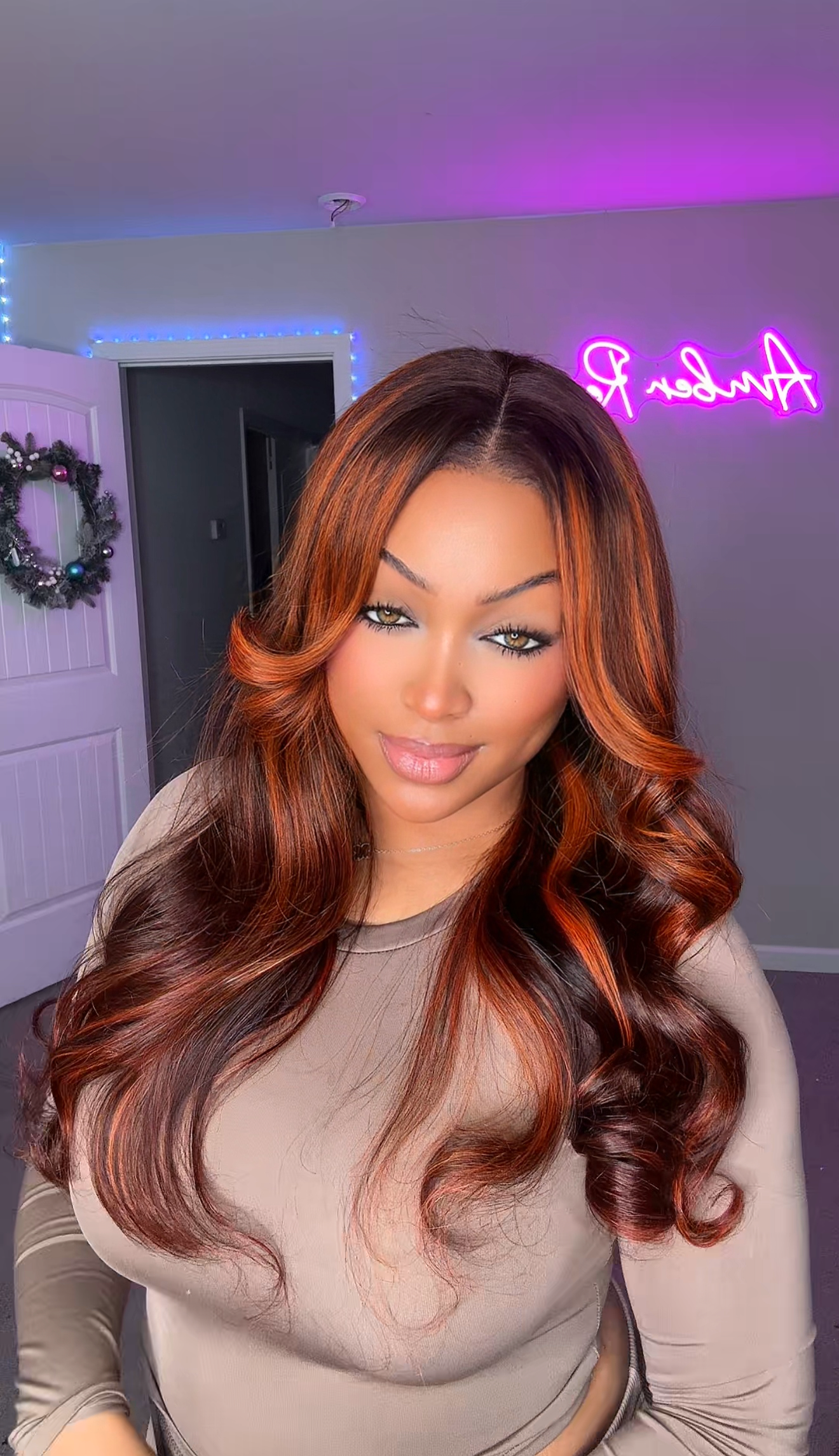 Salon Layer Cut Ginger Highlights On Brown Hair 360 Human Hair Wig