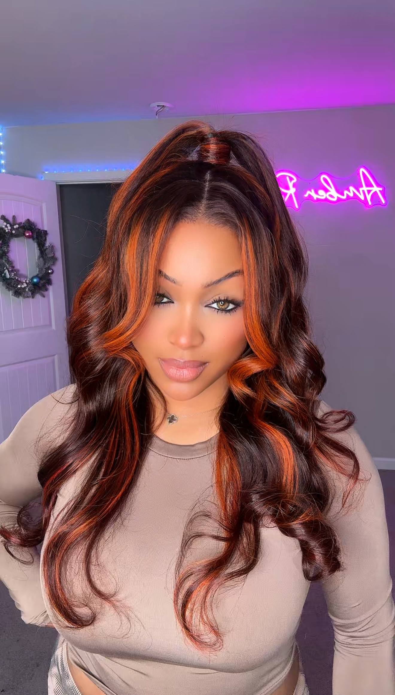 Salon Layer Cut Ginger Highlights On Brown Hair 360 Human Hair Wig